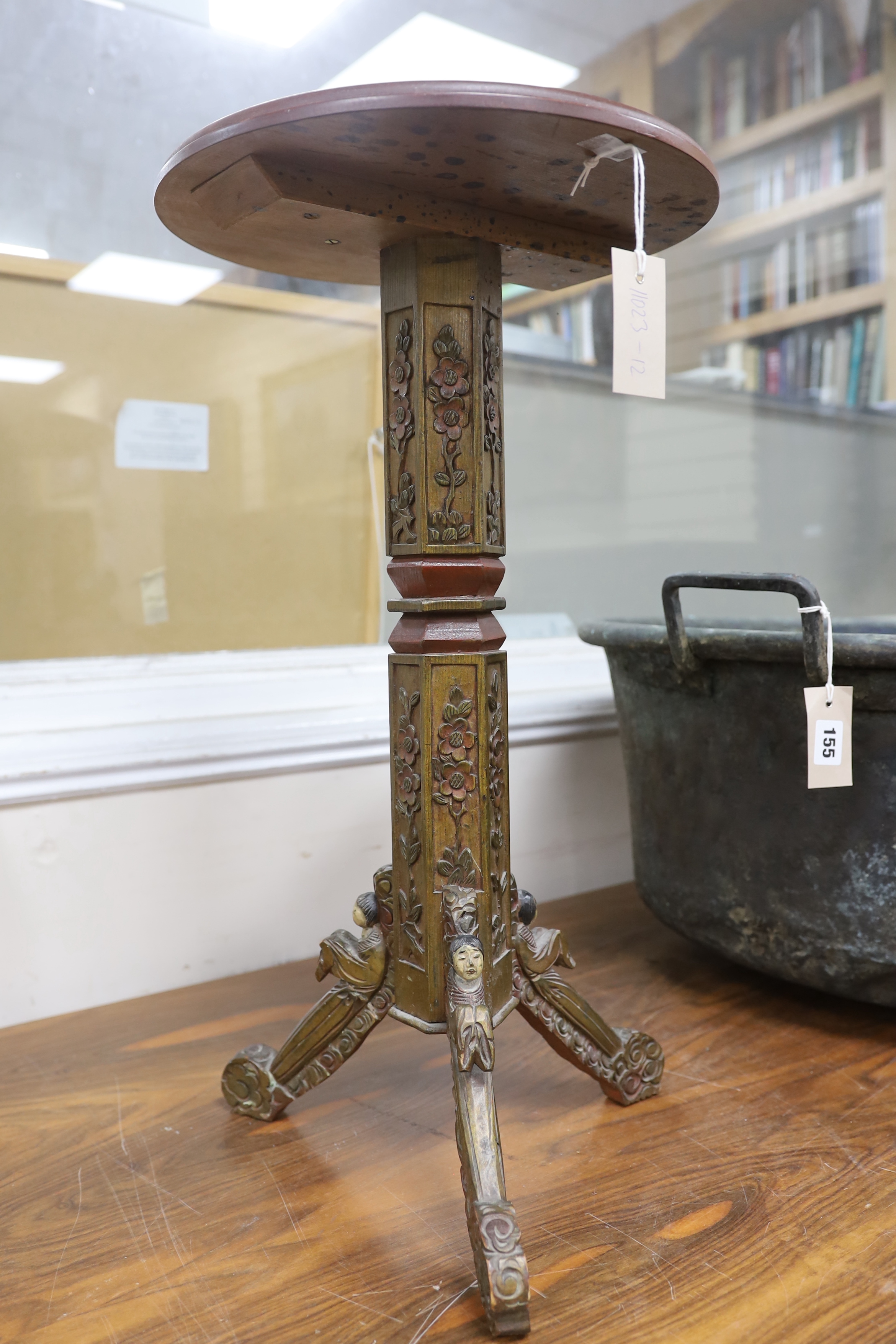 A Chinese carved wood wine table, width 34cm, height 60cm